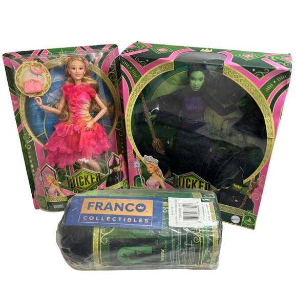 Universal Pictures Wicked Lot: Glinda, Deluxe Elphaba Fashion Dolls + Throw NEW - Picture 1 of 10